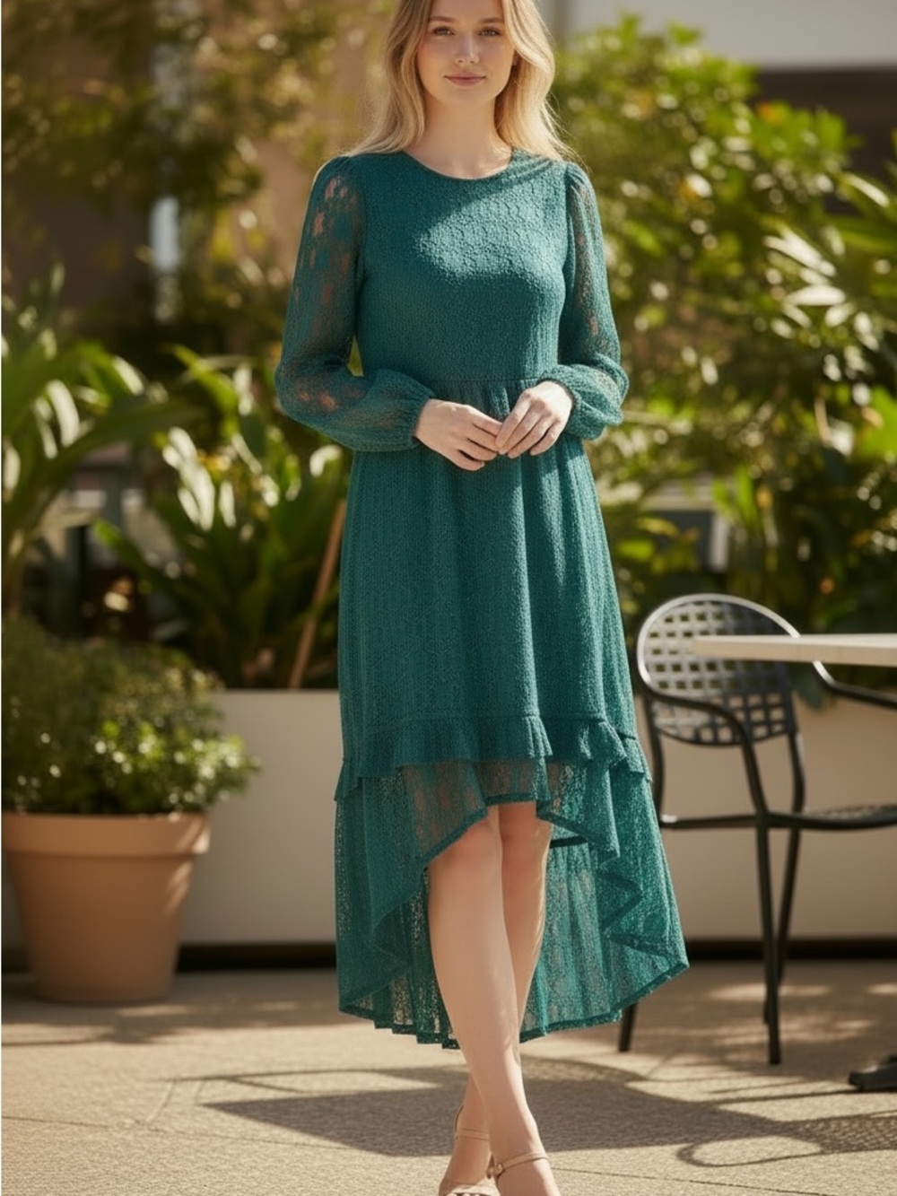 Origami’s Forest Green High-Low Lace Dress with Ruffled Hem NEW